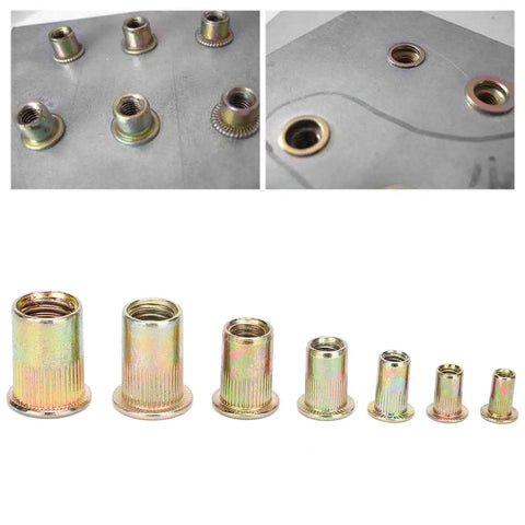 Rivet Nut Kit Zinc Plated M3 Through M12 Rivnuts Set for hardware assembly on metal panels.