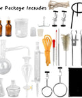 Home Distillation Kit With 3.3 Borosilicate Glass 15-Pc Set, 500ml Distiller components including glassware and rubber stoppers.