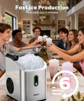 Snappy Countertop Nugget Ice Maker With SelfClean Tech Cranks Out 36 Pounds Of Chewable Sonic Pellet Ice Daily, packed with ice, in a kitchen setting.