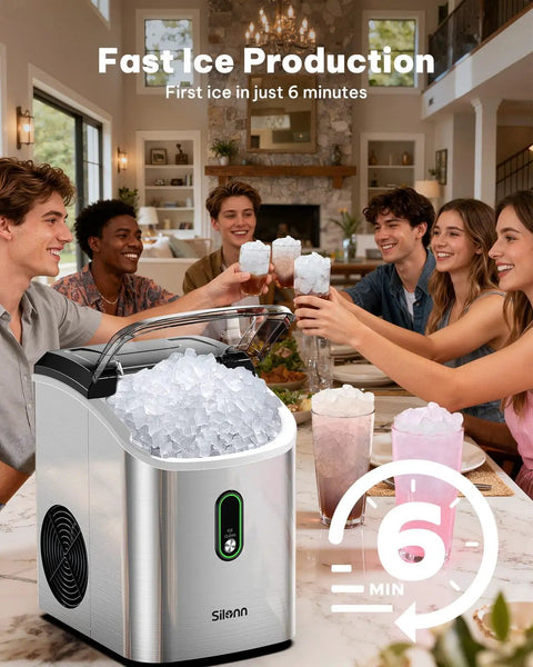 Snappy Countertop Nugget Ice Maker With SelfClean Tech Cranks Out 36 Pounds Of Chewable Sonic Pellet Ice Daily, packed with ice, in a kitchen setting.