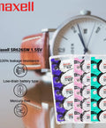 Dual Pack Of Sr626sw 377 Silver Oxide Button Cell Watch Batteries Brings Some Sick Power For Quartz Watches And Key Fobs With Leak Proof Seals And A Sweet Fit That Works Like A Charm Daily in colorful packaging with watch in background.