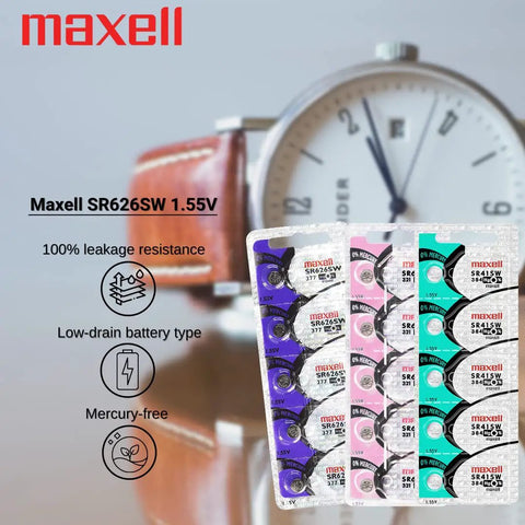 Dual Pack Of Sr626sw 377 Silver Oxide Button Cell Watch Batteries Brings Some Sick Power For Quartz Watches And Key Fobs With Leak Proof Seals And A Sweet Fit That Works Like A Charm Daily in colorful packaging with watch in background.