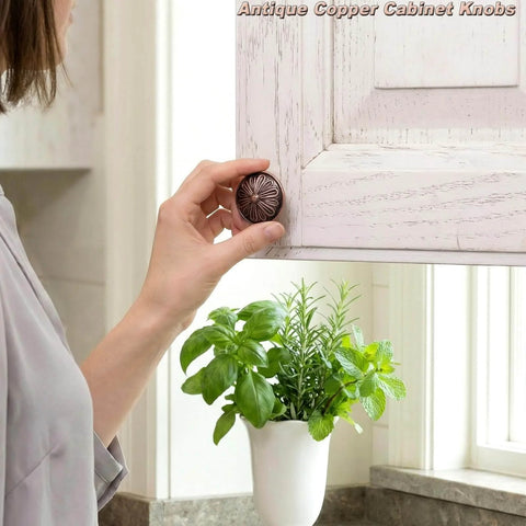 Antique Copper Kitchen Cabinet Knobs Set For 1.4 Inch Cabinets, Solid Zinc Alloy Round Knobs For Cabinets And Drawers installed