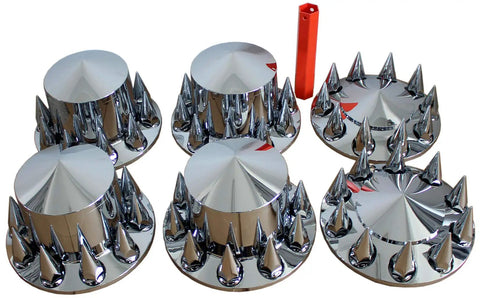 Chrome ABS Axle Cover Set With Hub Caps And 33mm Screw On Spiked Lug Nut Covers For Semi Trucks Front And Rear