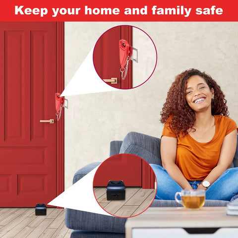 4 Pack Portable Door Lock And Door Stop Alarm Kit For Home Security And Travel Privacy Tool Free Install Keeps Bad Guys Out shown in use
