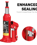 Front view of red 2-ton Torin Big Red car bottle jack with hydraulic piston; inset close-up.