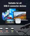 Road Ready Dual Port USB C Car Charger Pumping Out 27W Fast Charge With A Rock Solid Ninety Degree Swivel Plug And Simple Toggle Switch For Dashcams Phones And Navs Over 11.5 Feet Worth Of Cable with various USB-C devices.