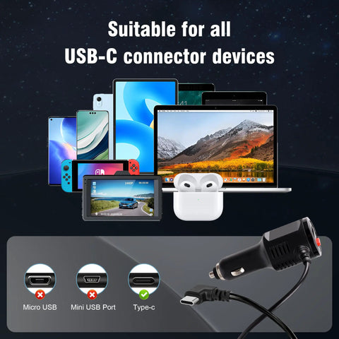 Road Ready Dual Port USB C Car Charger Pumping Out 27W Fast Charge With A Rock Solid Ninety Degree Swivel Plug And Simple Toggle Switch For Dashcams Phones And Navs Over 11.5 Feet Worth Of Cable with various USB-C devices.