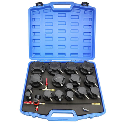 DPTOOL 19-piece turbo leakage tester kit in blue carrying case with adapters and fittings