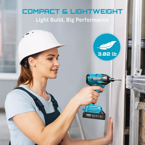 Woman using Cordless Impact Driver Kit With 21V Max Torque 1590 In-Lbs And 0-2500 RPM, lightweight design in construction site