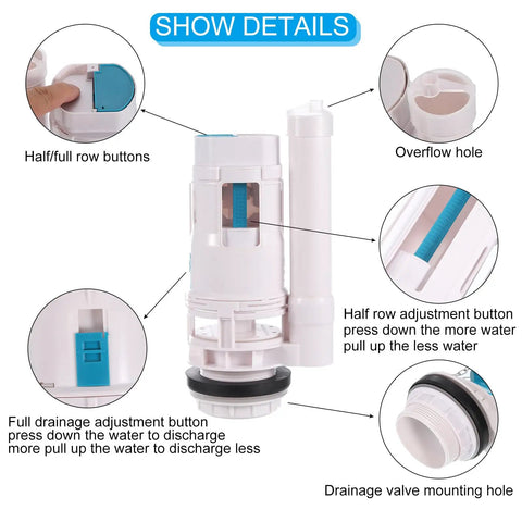Premium Dual Flush Valve With Split Push Button For Toilet Bottom Fill Valve Water Saving Replacement Parts 2 Inch White Slick Finish No Sweat Setup Straight Up Top Shelf Plumbing Gear