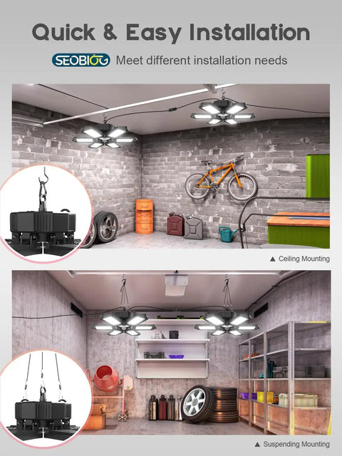 Two Pack Plug In Garage Light With Six Deformable Panels Linkable 200W LED Shop Light 20000LM 6500K Daylight