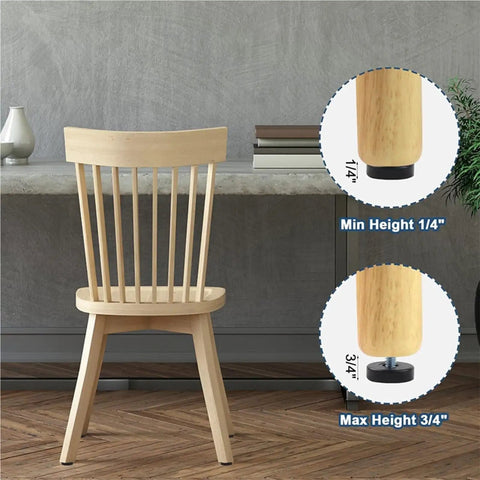 Adjustable Foot Pads For Furniture And Home Use, Grippy Non Slip Floor Protectors, Leveling Glide Feet For Tables And Chairs, Heavy Duty Rust Resistant Easy Height Adjustment 12 Pack shown with chair on floor illustrating min and max height adjustment.