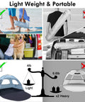 Collage of Sierra Blue Anti UV Beach Tent For Three People, Portable Sun Shade Shelter With Extendable Floor, packed in bag