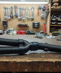 Upgrade Your Workshop Setup With This 40mm Hose Splitter Adapter For Cen Tec Vacuum Systems, dual port in black on a wooden table.