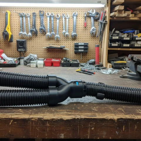 Upgrade Your Workshop Setup With This 40mm Hose Splitter Adapter For Cen Tec Vacuum Systems, dual port in black on a wooden table.