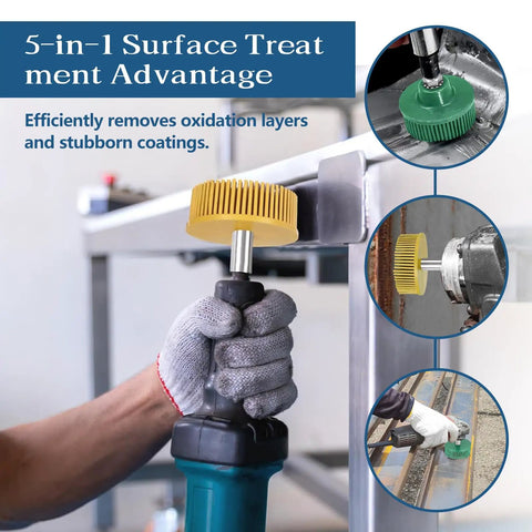 Three Piece Two Inch Bristle Disc Set For Gasket Removal Includes 50 80 120 Grit White Yellow Green Bristles In Use On Metal