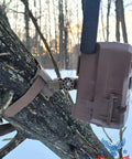 Versatile Trail Camera Mount For Moultrie Edge Models 2 And 3 Solar, Toolless Setup, mounted on tree with strap in forest