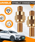 Brass Side Post To Top Post Battery Converter, 2-Piece Kit Of Long Stud Terminal Bolts With 3/8-16 And 3/8-24 Screw Threads, shown with hex nuts.