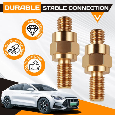 Brass Side Post To Top Post Battery Converter, 2-Piece Kit Of Long Stud Terminal Bolts With 3/8-16 And 3/8-24 Screw Threads, shown with hex nuts.