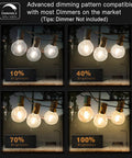 Dimmable 200Ft Outdoor G40 Globe String Lights With 104 Shatterproof LED Bulbs, showing various brightness levels.