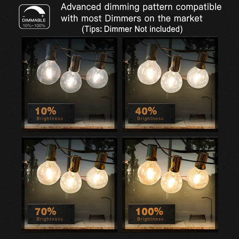 Dimmable 200Ft Outdoor G40 Globe String Lights With 104 Shatterproof LED Bulbs, showing various brightness levels.