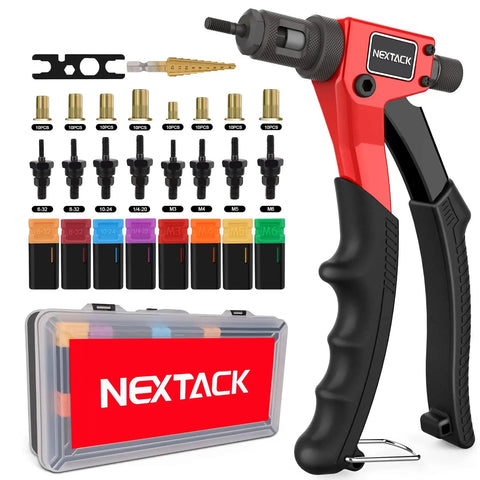 NT600 Rivnut Tool And 1 4 20 Replacement Mandrel Kit Right Angle Pistol Style Rivet Nut Setter with accessories and case displayed.