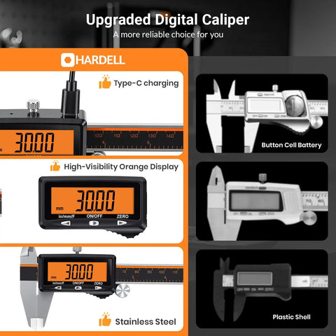 Heavy Duty Digital Caliper With Quick Charge Usb C And Tough Six Inch Measuring Build Offers Bright Orange Lcd Readout Auto Sleep Mode And Months Of Juice For Garages Workshops And Backyard Rigs Craving Dead On Accuracy