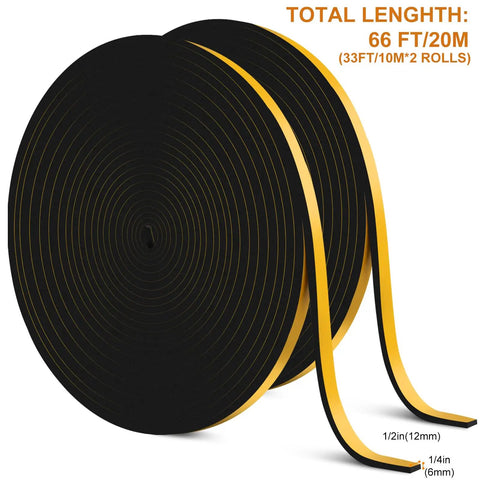 Badass Durable Door Weather Stripping 66FT Neoprene Draft Blocker Tape shown in two rolls, each 1/2in thick, ideal for insulation.