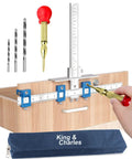Precision Cabinet Hardware Installation Jig With Automatic Center Punch And Spot Drill Bits For Nail It Every Time. Features drill bits and measuring guide.