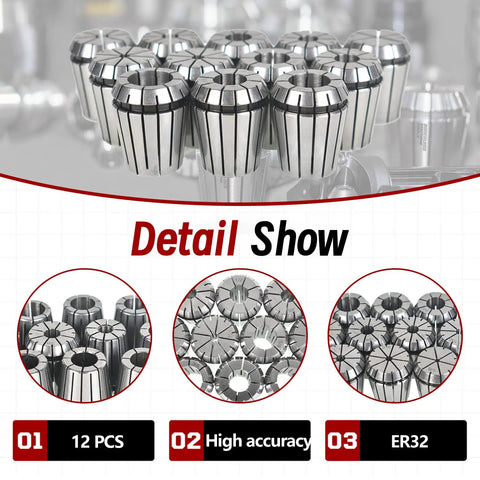 Beefy Pro Grade ER32 Collets Set, Twelve Pieces, One Eighth To Three Quarters Inch Range, Spring Steel, Detail Show