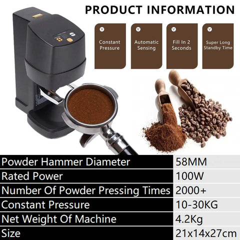 Slick Stainless Steel Coffee Tamper Delivers Dead Flat Packs On Command 58mm Universal Portafilter Fit Auto Induction with coffee grounds and beans.