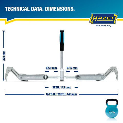 Front view of Hazet 1774-1 beam puller with blue-handled center sliding handle and dual clamp jaws