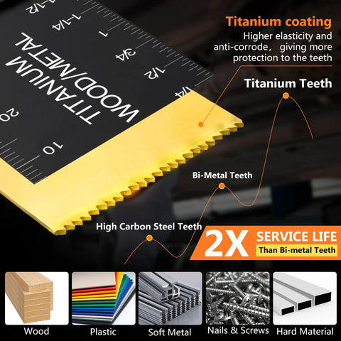 Close-up of titanium-coated saw blade from 55 Piece Oscillating Tool Blade Kit With Quick Release Universal Blades For Wood Plastic Metal Versatile Multitool Set For DIY Projects And Repairs Compatible With Dewalt Milwaukee Makita Ryobi, showing teeth detail and materials compatibility.