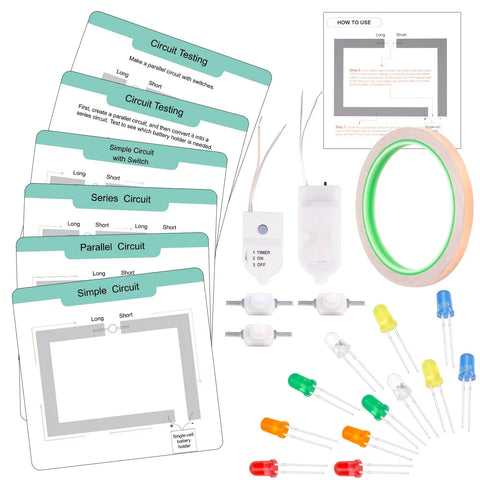 Paper Circuit Kit For Kids STEM Electric Circuit Lab with LED Lights Copper Tape Safe Battery Box Child Friendly Science Experiments For Ages 8 To 12 Fun Hands On Learning Educational Toy Set For Creativity And Discovery shown with components