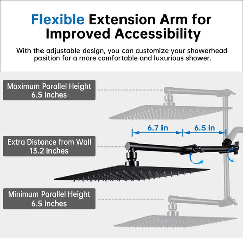 Diagram showing flexible extension arm of 10 Inch Rainfall Shower Head With Handheld Spray Combo In Matte Black Heavy Duty All Metal Construction.