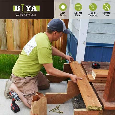 Person using Built Legit Quarter Inch By Three Quarter Structural Lag Screws Fifty Pack With Torx Star Drive for deck building project.