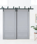 Solid Wood Interior Bypass Sliding Doors Set No Glass Black Finish 72x96 Inches Classic Barn Door Style with Heavy Duty Hardware