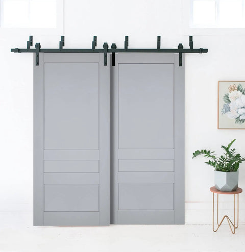 Solid Wood Interior Bypass Sliding Doors Set No Glass Black Finish 72x96 Inches Classic Barn Door Style with Heavy Duty Hardware
