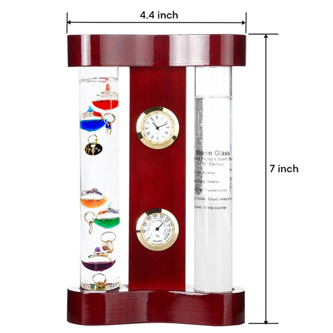 4 in 1 Analog Weather Station for Desk with Galileo Thermometer and FitzRoy Storm Glass, Quartz Clock and Hygrometer in Wood Holder