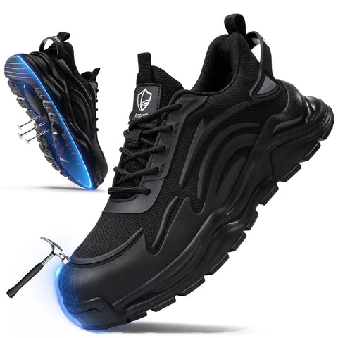 Lightweight black Steel Toe Work Shoes for men, showcasing Kevlar midsole and safety toe cap, suitable for industrial use.