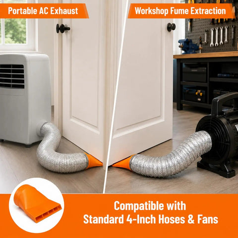 Drill-Free Door Vent Duct Adapter For 4-Inch Hose Pass Through Slim Under-Door Exhaust Kit in use with AC and workshop fan