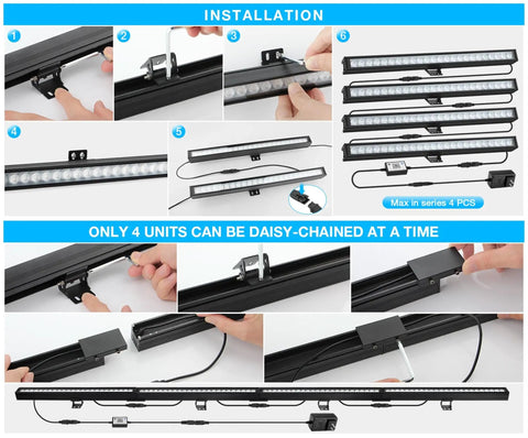 Installation guide for Sixteen Inch 18W RGB LED Light Bars Kit With App Control And Remote, showing daisy-chain connection setup.
