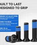 Red Dot Sight Mounting Screws Kit With 112 Pieces And 28 Screw Types For Gunsmithing And Optics Includes M Three Point Five M Three M Four And Six Thirty Two Four Zero Six Forty Six Forty Eight Four Pieces Per Set Great For Mounts Plates Rails showing black screws with blue threading detail.