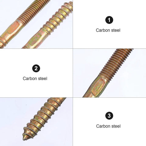 Close-up of Double Headed Hanger Bolts Self Tapping Screws For Furniture And Wood Joints, Carbon Steel, Corrosion Resistant Golden