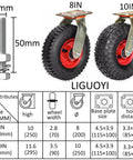 Heavy Duty Industrial Caster Wheels With Brakes 8 Inch Air Filled Rubber Tires, 10 Inch size shown with bolt and dimensions