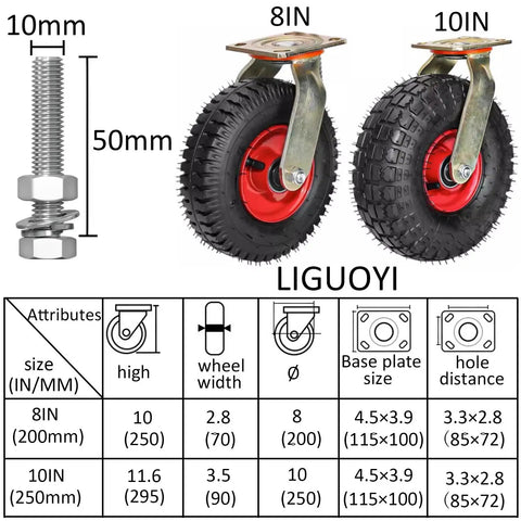 Tough As Nails Heavy Duty Pneumatic Swivel Casters With Wheel Brakes And Fixed Hubs Set Of Four Ten Inch with bolt and size details.