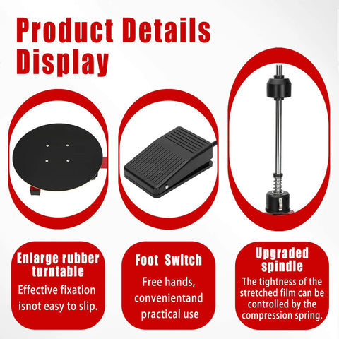 Heavy Duty Electric Pallet Wrap Machine And Stretch Film Dispenser display with enlarged turntable, foot switch, and upgraded spindle.