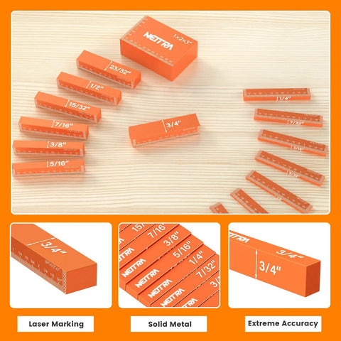 Pro Woodworking Setup Blocks Aluminum Height Gauge Set 15 Pcs Machined To 0.001 Inch Accuracy, showing orange blocks with sizes.