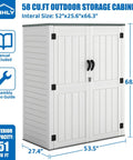 Vertical Resin Outdoor Storage Shed For Tools And Patio Gear Waterproof Garden Cabinet 386 Gallon Capacity, white cabinet with open doors.